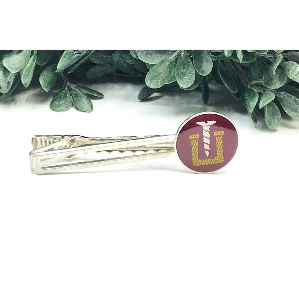 Vintage tie clip silver tone wine colored screw U logo 2.5" length